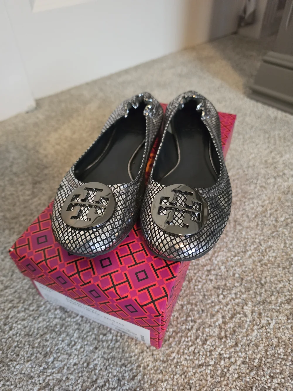 Tory Burch Gunmetal Logo Ballet Flats